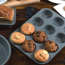 Load image into Gallery viewer, Premium Carbon Steel Non Stick Grey Speckled 12 Cup Muffin Tray for Baking. Muffin Pan Cupcake Mould, BPA Free and Dishwasher Safe.