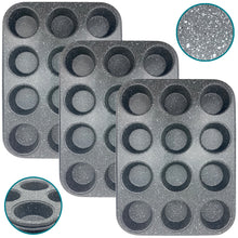 Load image into Gallery viewer, Premium Carbon Steel Non Stick Grey Speckled 12 Cup Muffin Tray for Baking. Muffin Pan Cupcake Mould, BPA Free and Dishwasher Safe.

