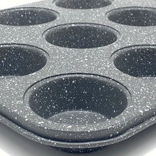 Load image into Gallery viewer, Premium Carbon Steel Non Stick Grey Speckled 12 Cup Muffin Tray for Baking. Muffin Pan Cupcake Mould, BPA Free and Dishwasher Safe.
