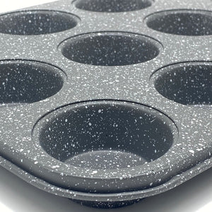 Premium Carbon Steel Non Stick Grey Speckled 12 Cup Muffin Tray for Baking. Muffin Pan Cupcake Mould, BPA Free and Dishwasher Safe.