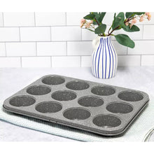 Load image into Gallery viewer, Premium Carbon Steel Non Stick Grey Speckled 12 Cup Muffin Tray for Baking. Muffin Pan Cupcake Mould, BPA Free and Dishwasher Safe.
