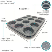 Load image into Gallery viewer, Premium Carbon Steel Non Stick Grey Speckled 12 Cup Muffin Tray for Baking. Muffin Pan Cupcake Mould, BPA Free and Dishwasher Safe.
