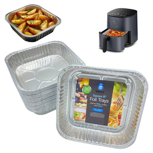 20cm Square Disposable Aluminium Trays Air Fryer Liners - 8 inch Foil Pans for Prepping, Cooking, Roasting, Baking Food. Use with Cosori, Ninja, Tower Fryers