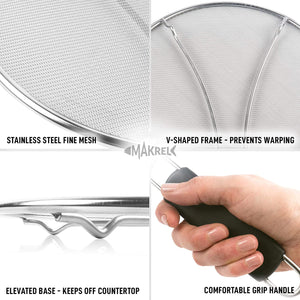 Premium Stainless Steel Splatter Screen Guard Extra Fine Mesh Frying Pan Cover with Heat Resistant Handle