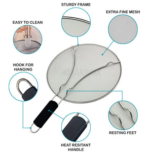 Premium Stainless Steel Splatter Screen Guard Extra Fine Mesh Frying Pan Cover with Heat Resistant Handle