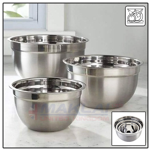 3 Piece Stainless Steel Deep Mixing Bowl Set 18/22/26cm