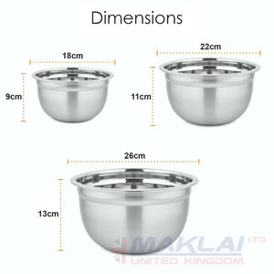 3 Piece Stainless Steel Deep Mixing Bowl Set 18/22/26cm